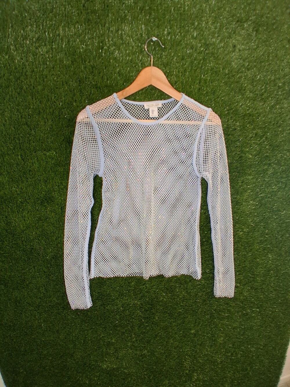Rachel Zoe Light Blue Rhinestone Mesh Top Long Sleeve Fishnet Sheer Sparkle SZ S